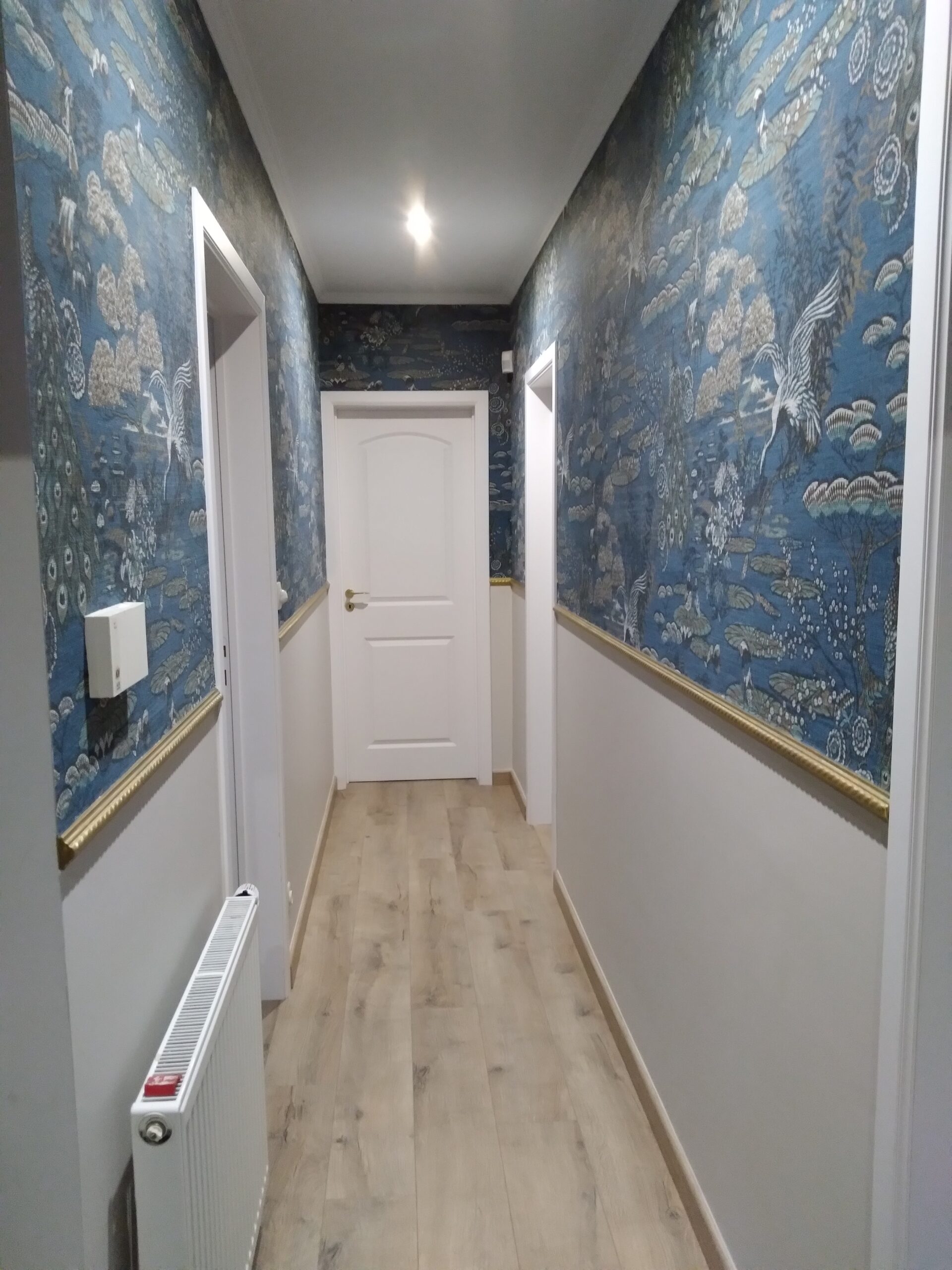 Couloir avec papier peint panoramique bleu et parquet clair